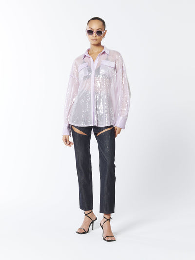 SOUR FIGS Sequined Sheer Shirt in Wisteria Purple