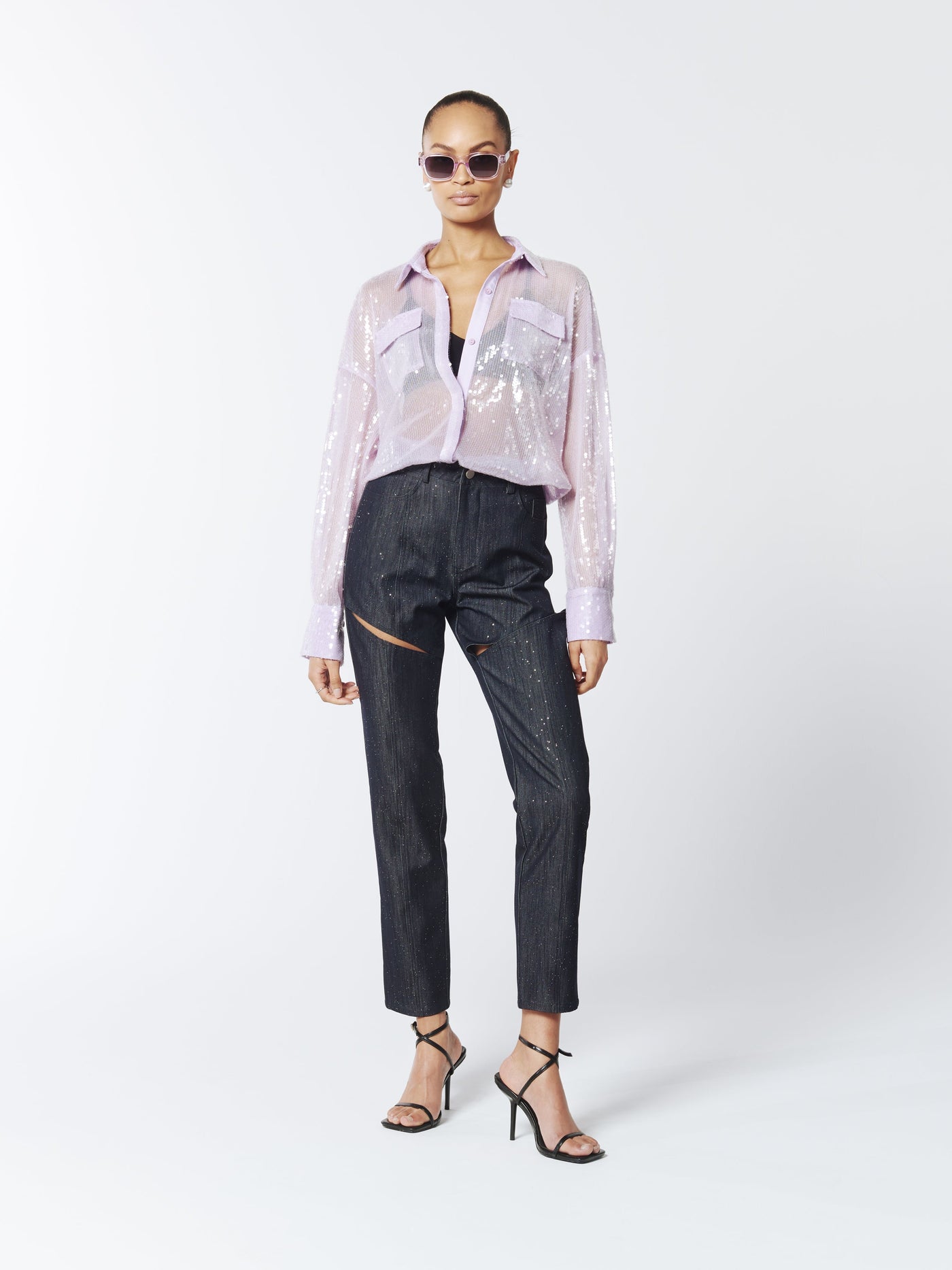 SOUR FIGS Sequined Sheer Shirt in Wisteria Purple