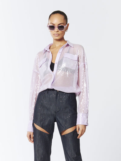 SOUR FIGS Sequined Sheer Shirt in Wisteria Purple