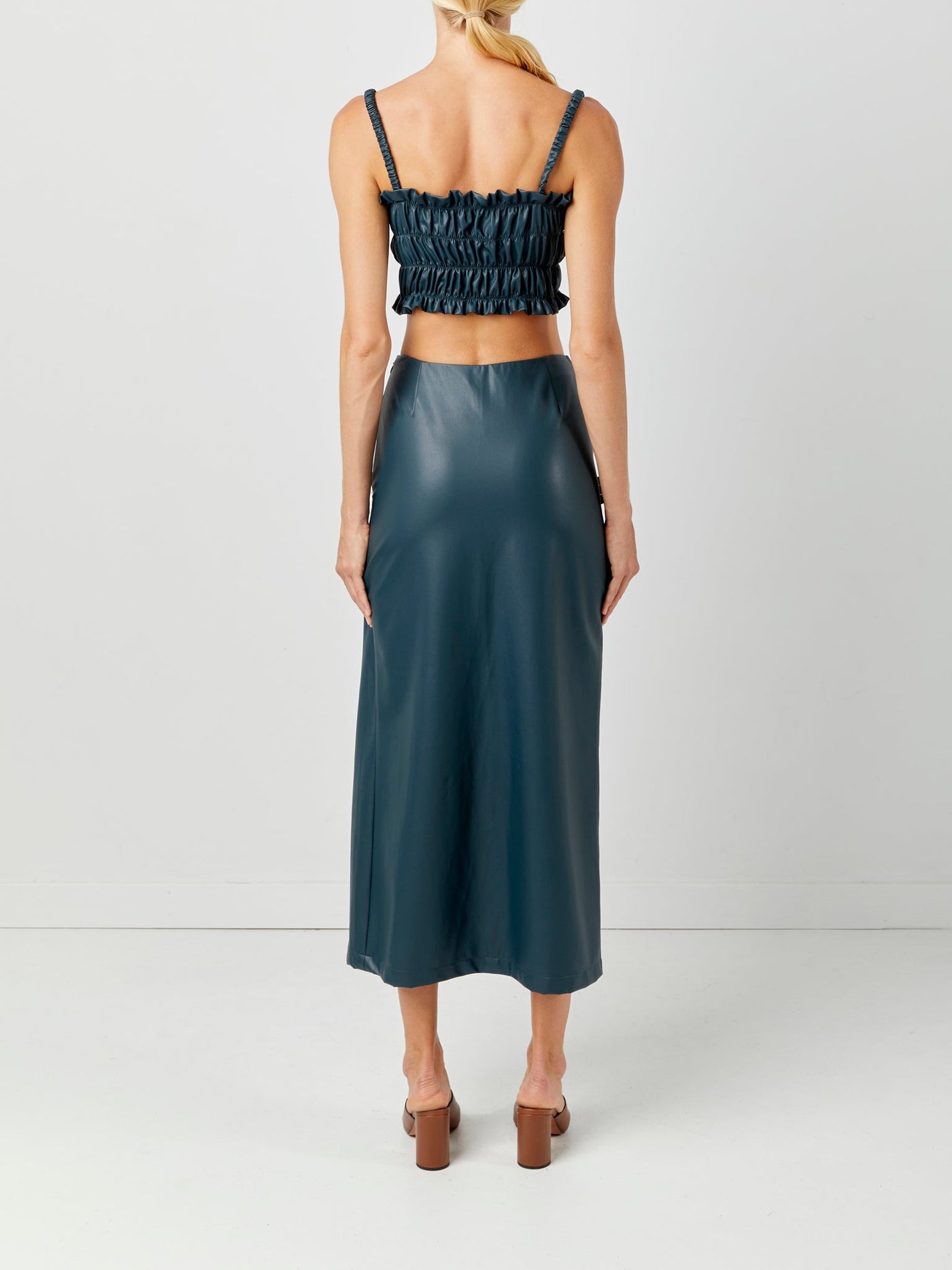 Side Slit Leather Skirt Blue Back