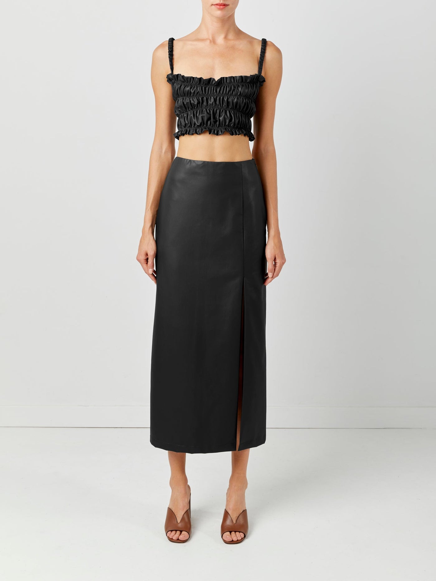 Side Slit Leather Skirt Black Front