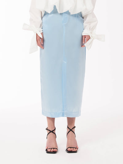 Satin Midi Tie Waist Skirt in Baby Blue