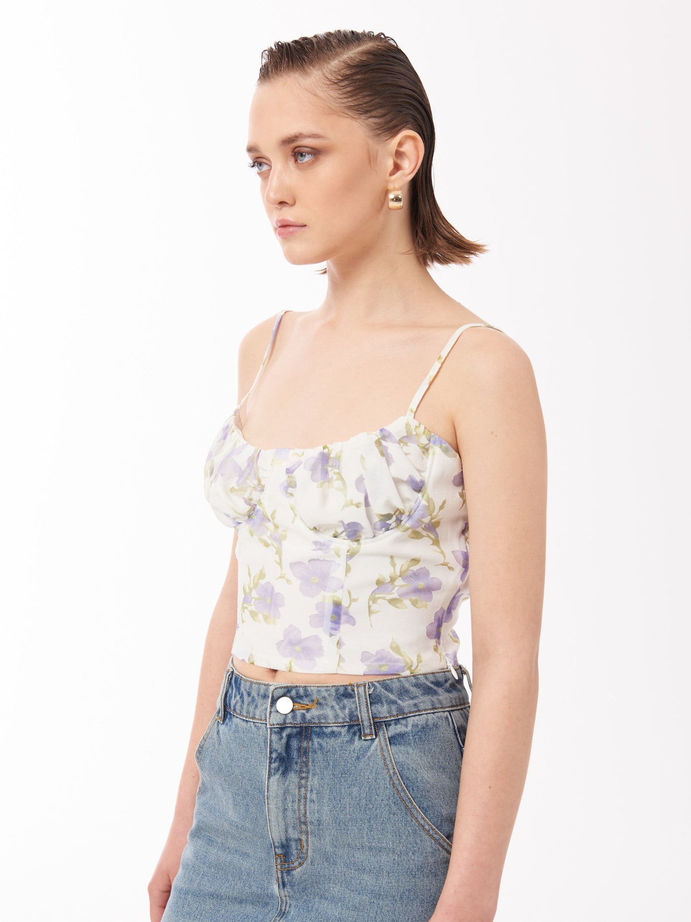 Floral Print Crop Singlet Top in White / Lilac