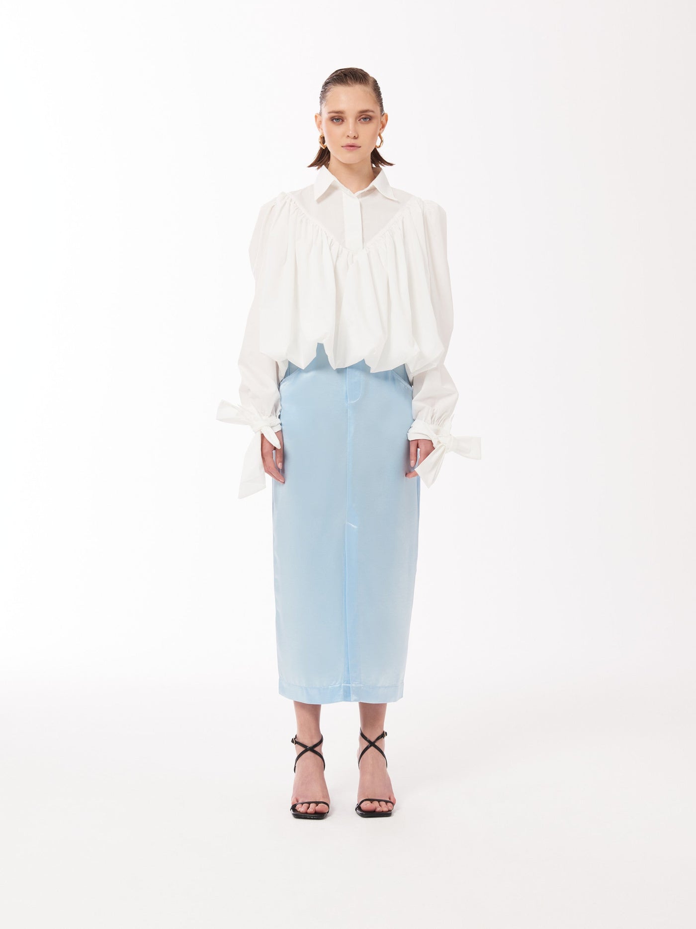 Sour Figs midi skirt pale blue skirt baby blue satin skirt 