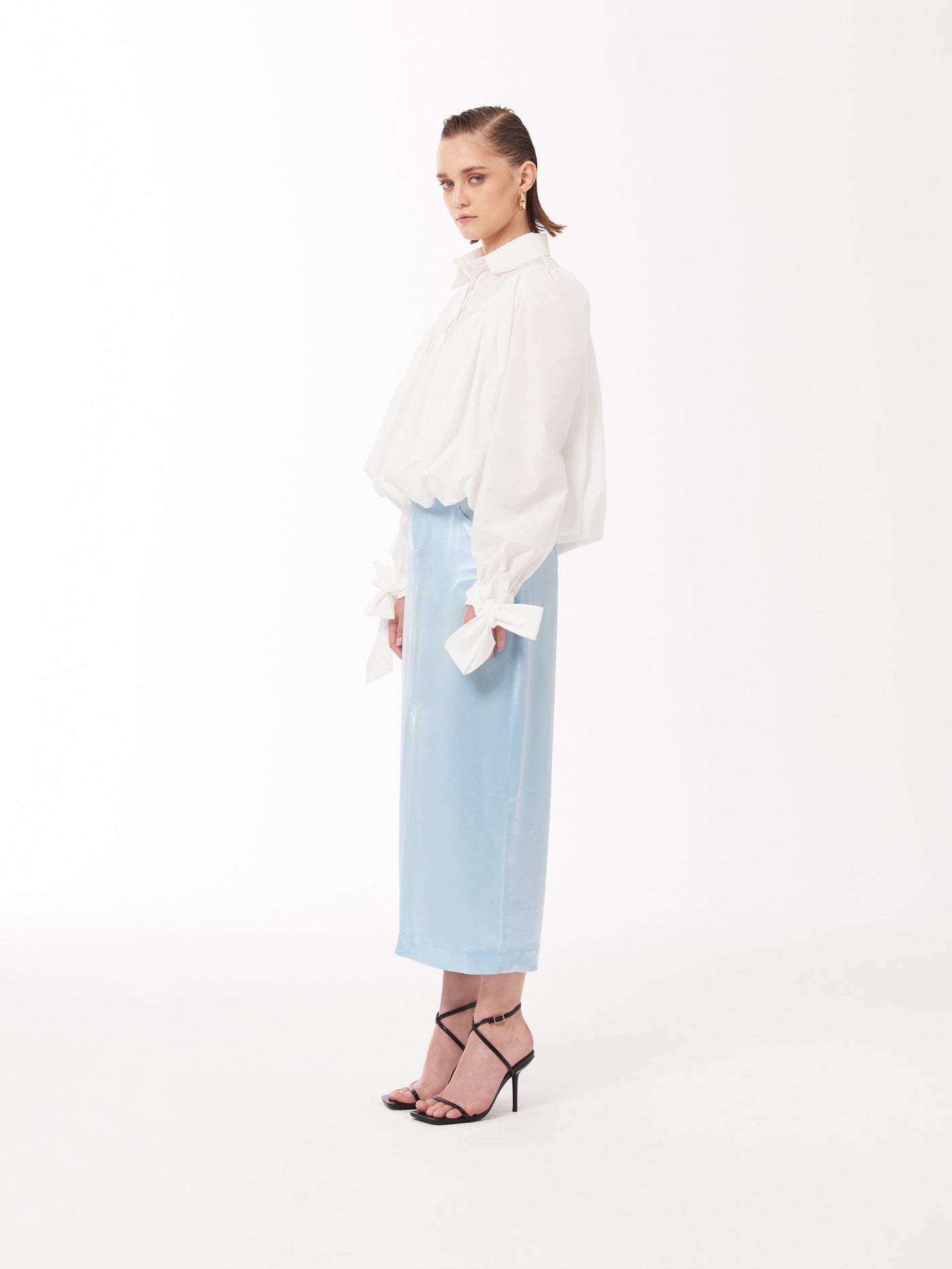 Sour Figs midi skirt pale blue skirt baby blue satin skirt 