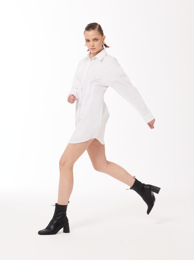 Sour Figs Fitted Waist Shirt Dress in White is a boyfriend shirt style dress