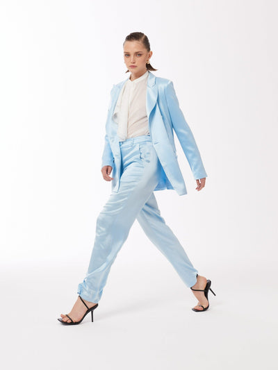 Sky Blue Satin Double-Breasted Blazer Jacket