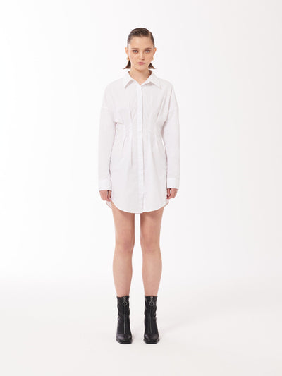 Fitted Waist Oversized Shirt Dress in White