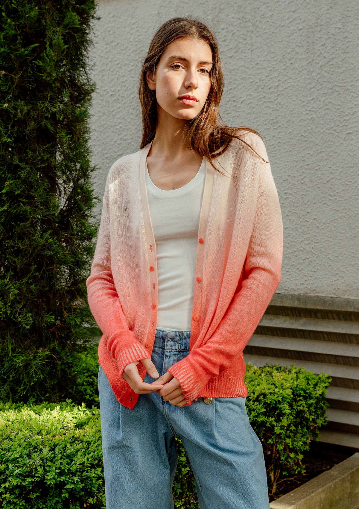 Dip dyed coral cashmere cardigan