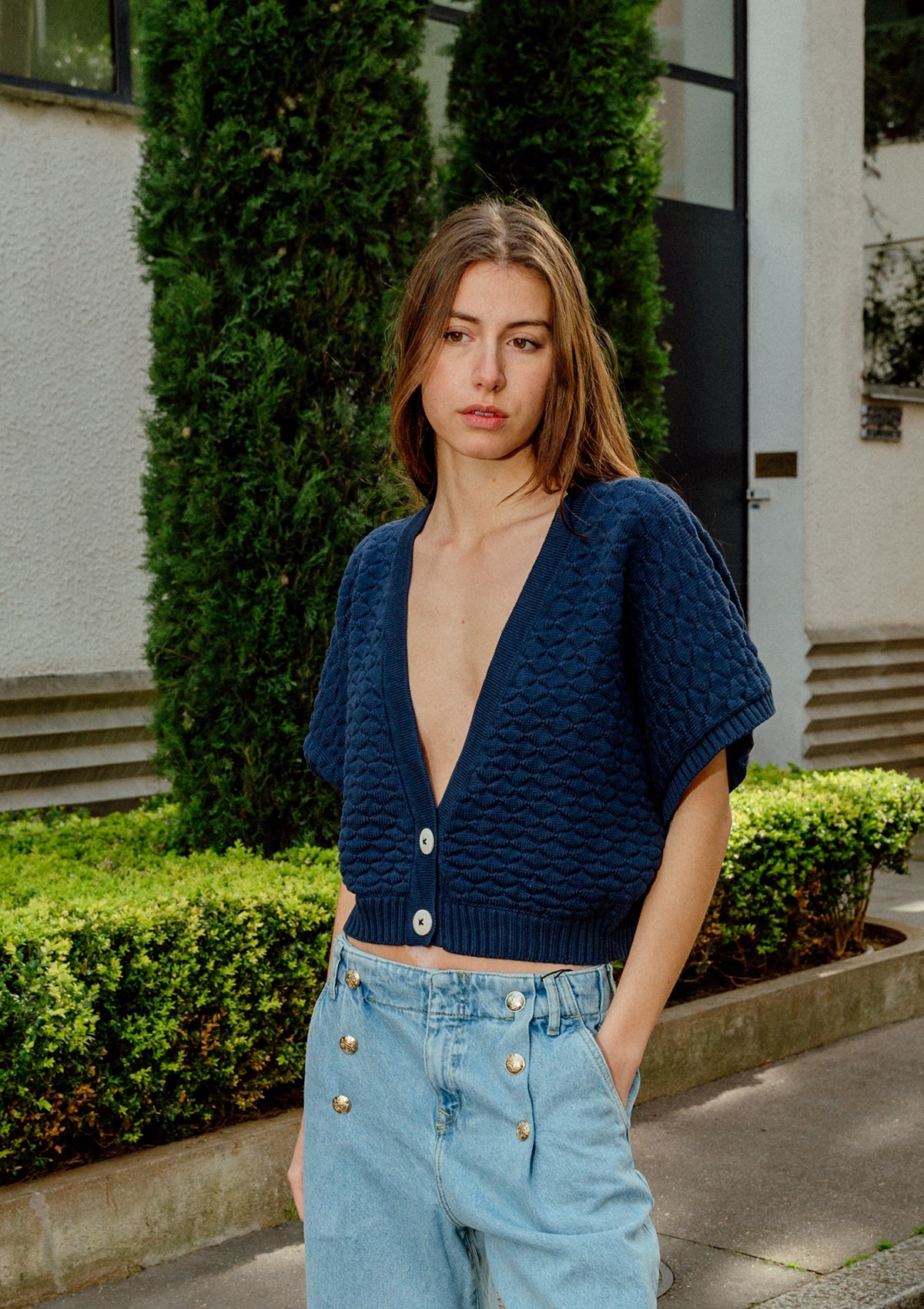 Navy deep V neck cropped cardigan in cotton with kimono sleeves back view