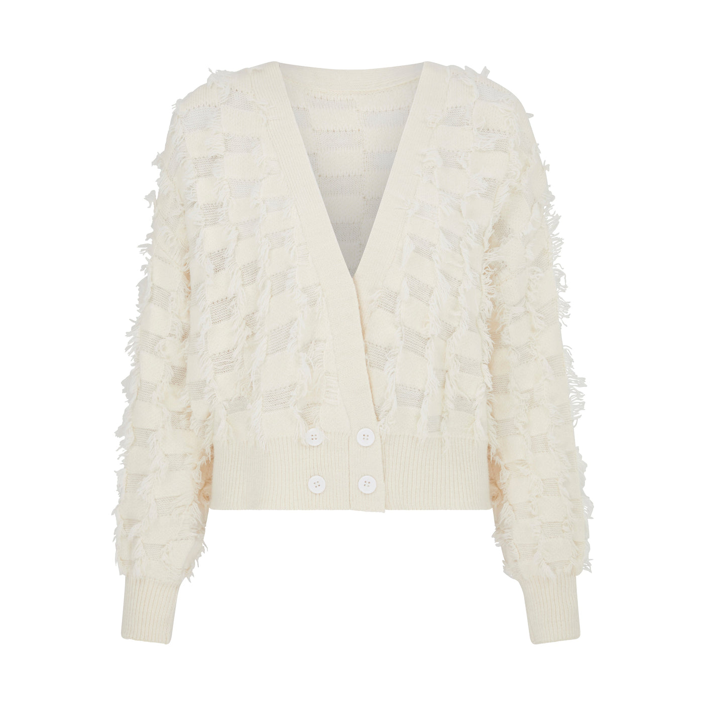 SOUR FIGS Fringed Checkerboard Cardigan in White