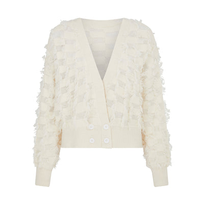 SOUR FIGS Fringed Checkerboard Cardigan in White