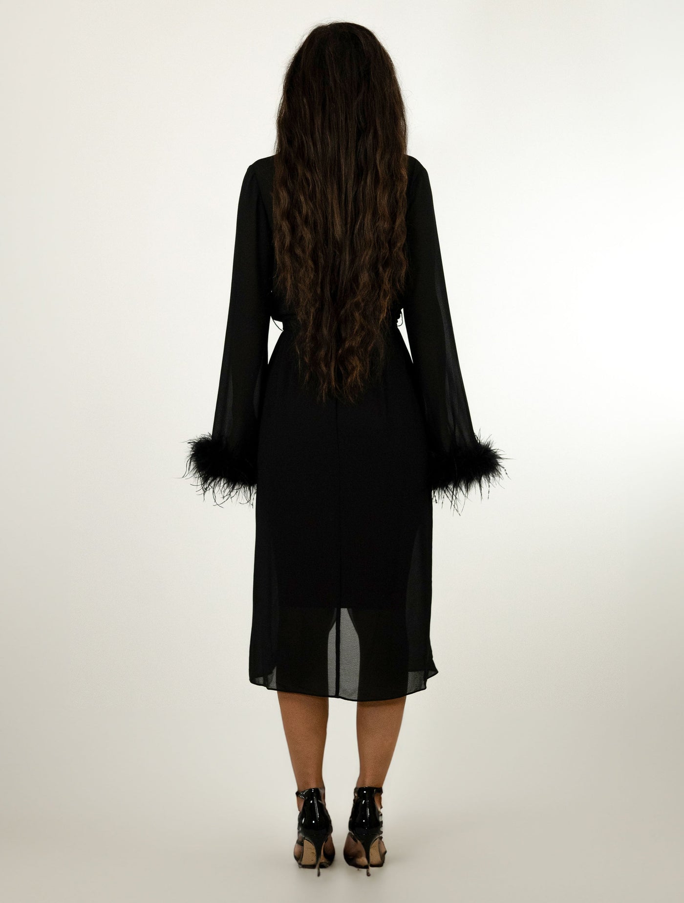 WOMENS OSTRICH FEATHER TRIMMED WRAP DRESS