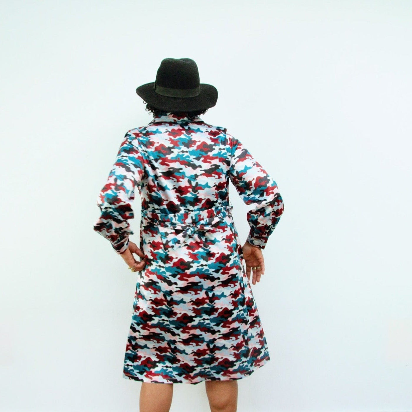 Elama Sunset Camouflage Print Long Sleeve Shirt Dress Back View