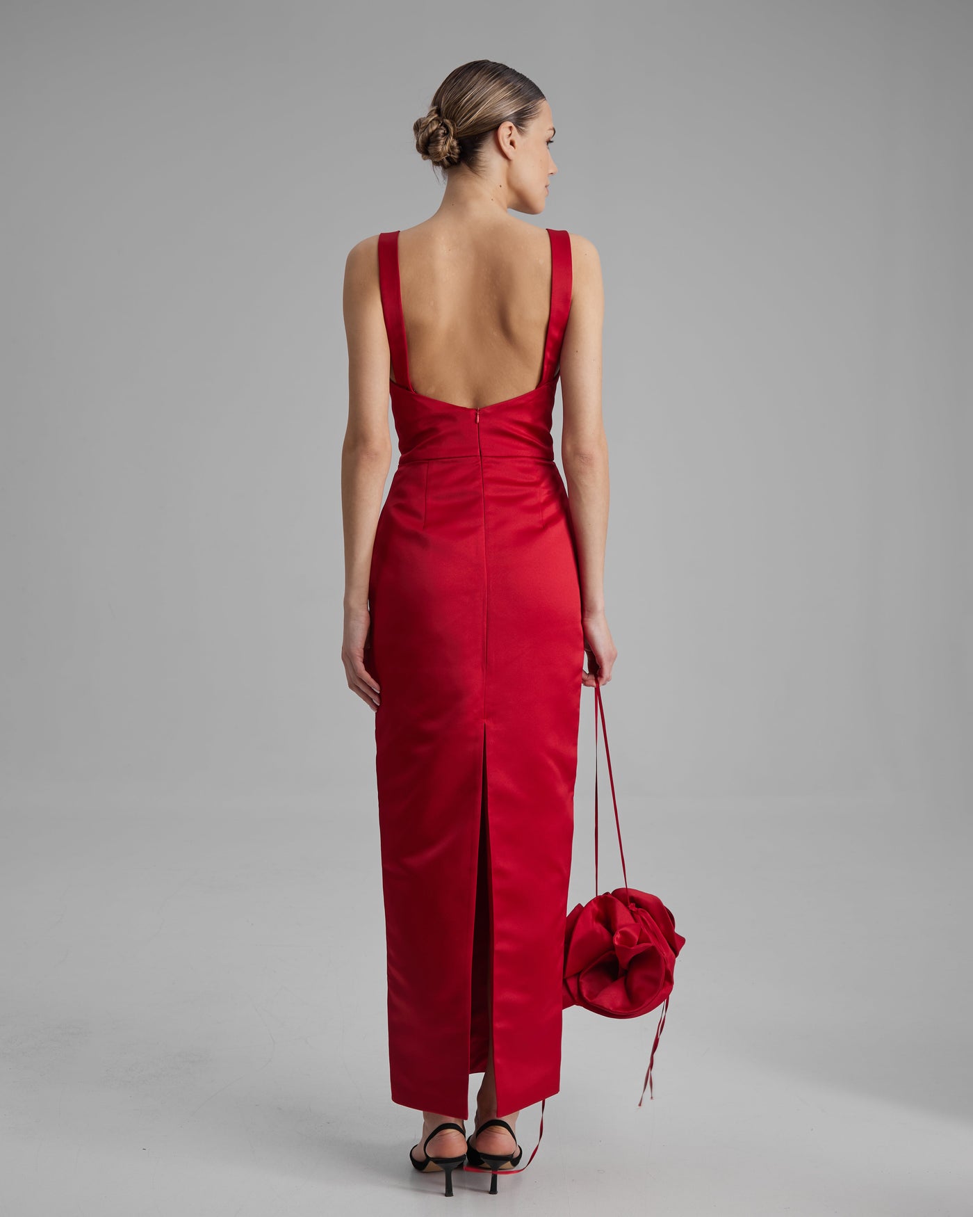 IDA DRESS | square neckline cone maxi in red