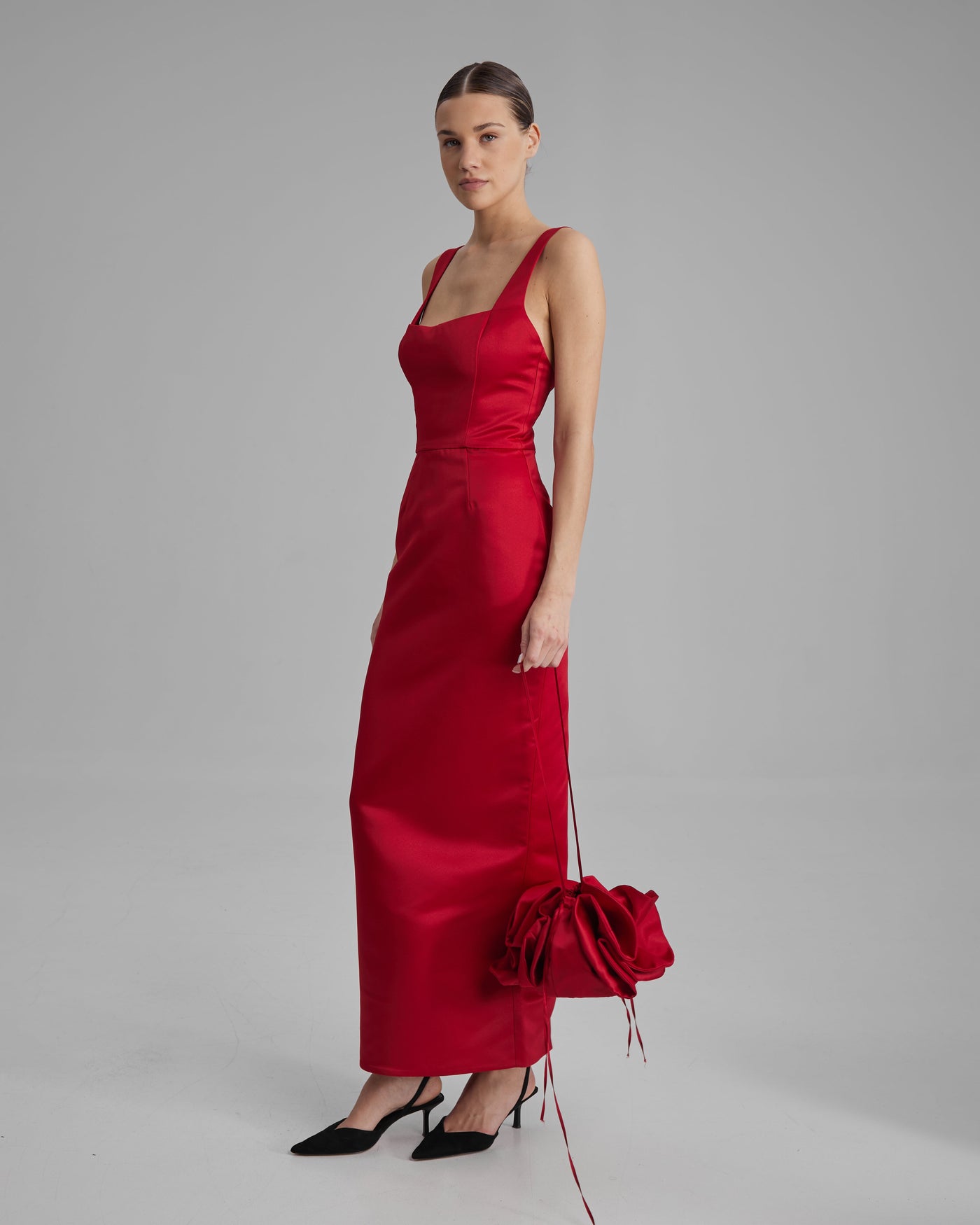 IDA DRESS | square neckline cone maxi in red