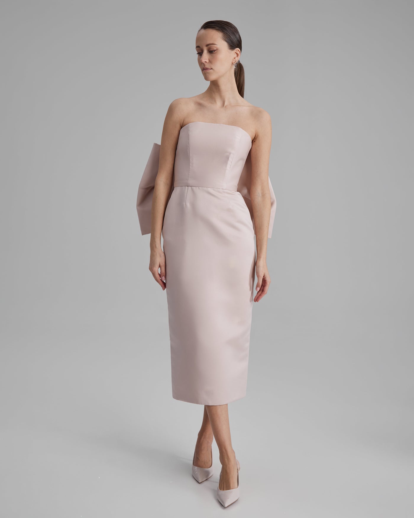 KIRA DRESS + BIG BOW | strapless pencil midi in apricot pink