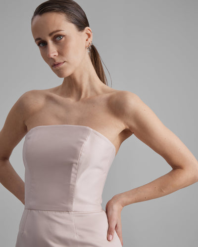 KIRA DRESS | strapless pencil midi in apricot pink