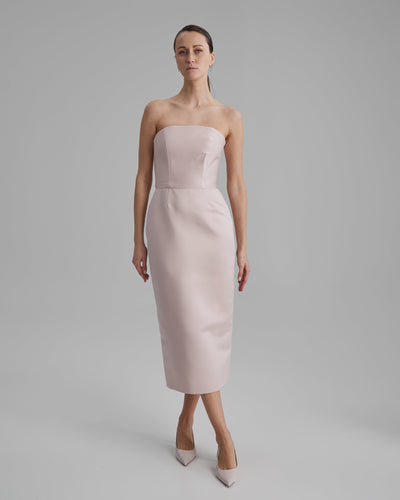 KIRA DRESS | strapless pencil midi in apricot pink