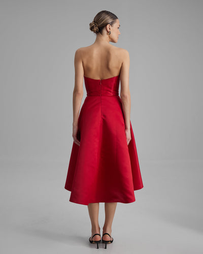 MIA DRESS | strapless A line midi in red