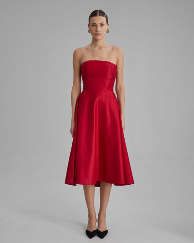 MIA DRESS | strapless A line midi in red