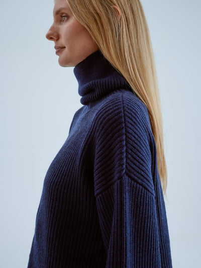 Wool Ribbed Turtleneck Sweater, Navy