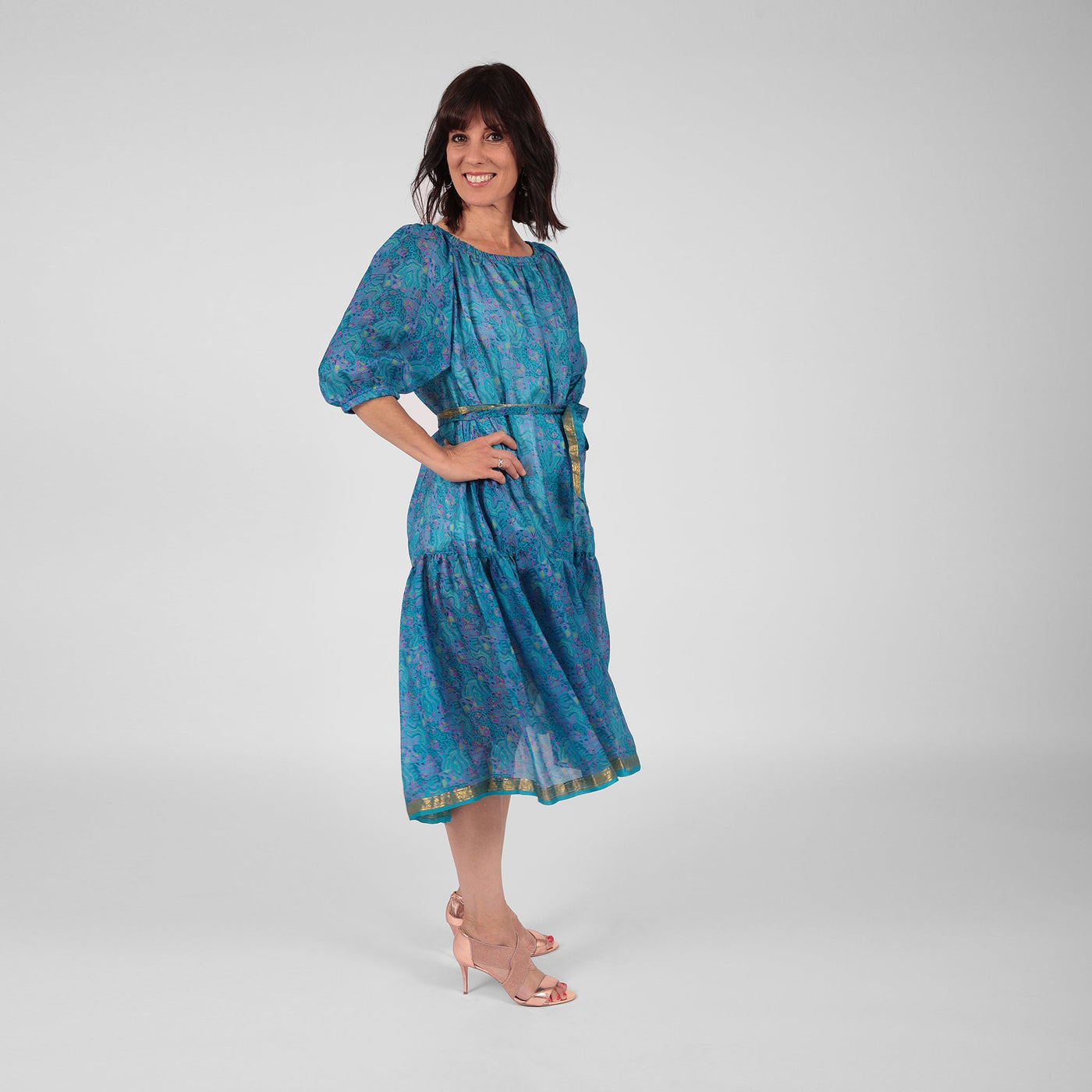 Ausus - Vintage Silk Sari Topaz Blue Maxi Dress