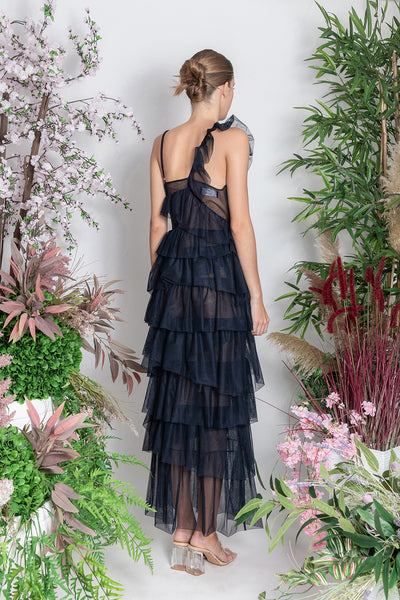 Navy Long Frill Dress in Recycled Tulle