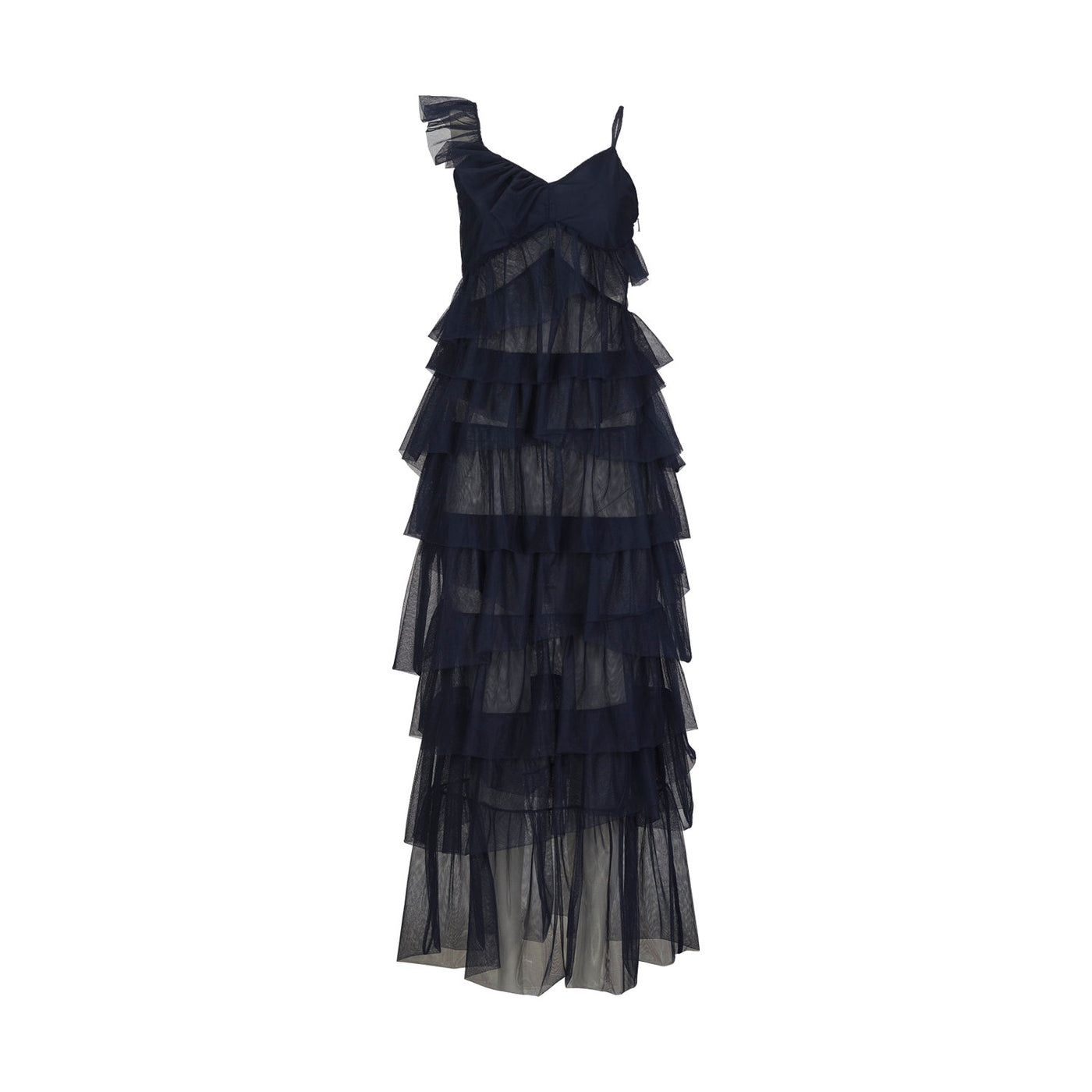 Navy Long Frill Dress in Recycled Tulle