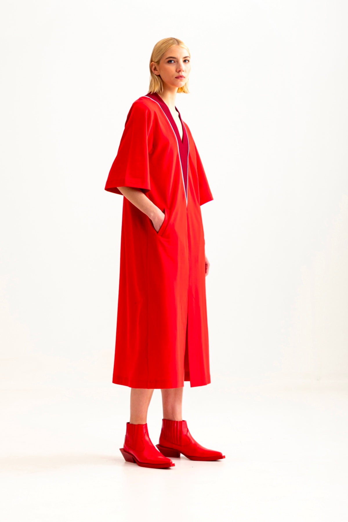 Red color V-neck dress by talented.company