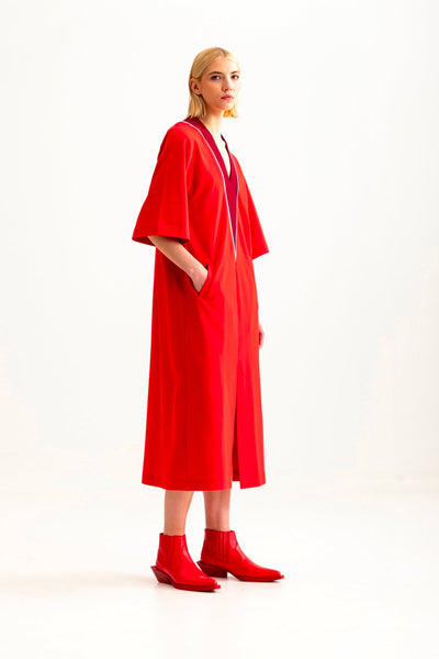 Red color V-neck dress by talented.company