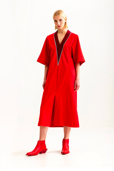 Red color V-neck dress by talented.company